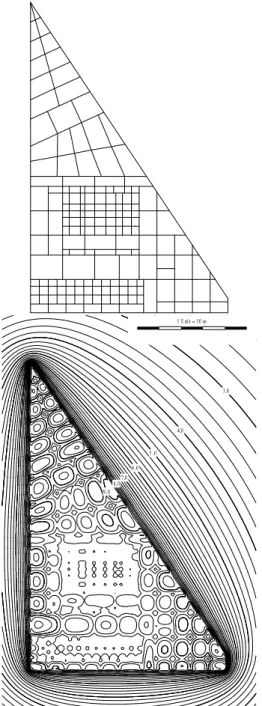 Fig. 3. E.R. Barber´a substation grounding: Plan and potential distribution on the ground surface (contours plotted every 0.2 kV; thick contours every 1 kV).