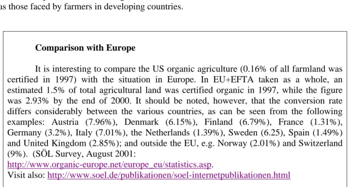 Table 1 also indicates the number of certified organic animals. As shown, a very large  increase has taken place over the period, 1992-97, in the case of milk cows (469%), layer hens  (1,123%) and also broilers (120%)