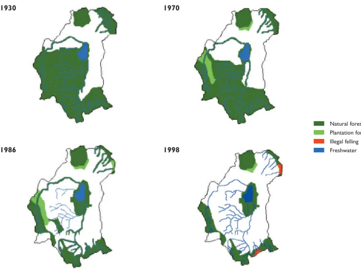 Fig 4: Lake Nakuru catchment basin: changes in forest cover 1930-1998