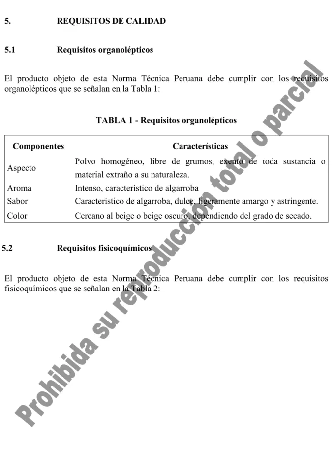 TABLA 1 - Requisitos organolépticos 