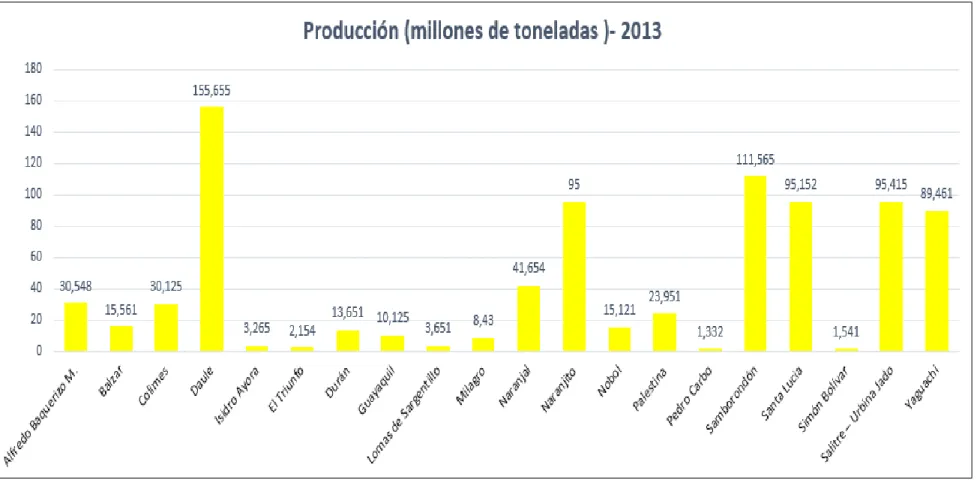 Figura 8. Producción del año 2013 (millones de toneladas). Adaptado del Ministerio de Agricultura, Ganadería, Acuacultura y Pesca, elaboración propia