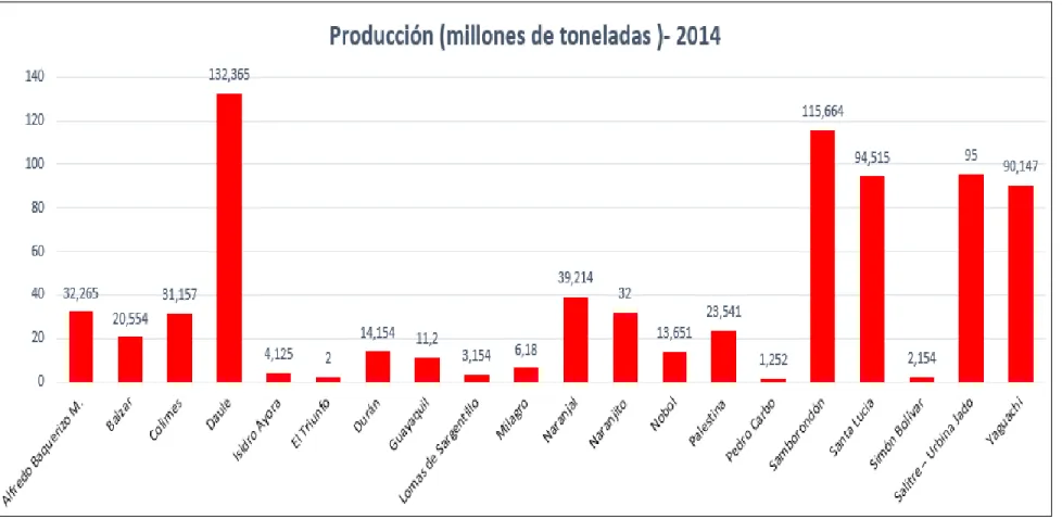 Figura 9. Producción del año 2014 (millones de toneladas). Adaptado del Ministerio de Agricultura, Ganadería, Acuacultura y Pesca, elaboración propia