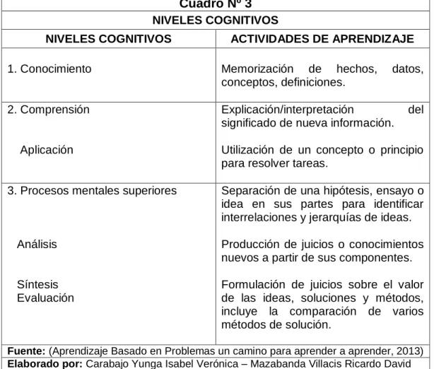 Cuadro Nº 3  NIVELES COGNITIVOS 