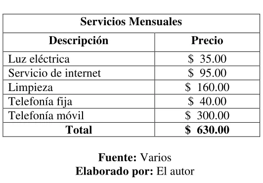 Tabla 5: Presupuesto de Servicios Mensuales 