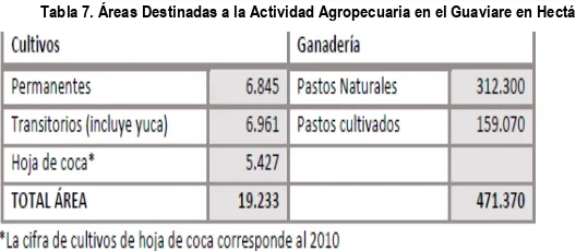 Tabla 7. Áreas Destinadas a la Actividad Agropecuaria en el Guaviare en Hectáreas 
