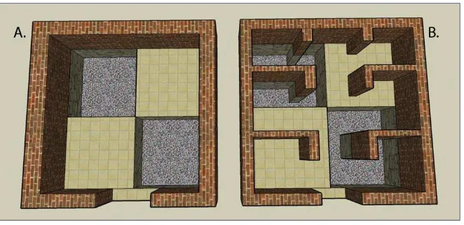 Figura 4. Posibilidades de prospección en suelo de un edificio: A. Una habitación puede ser excavada por cuadros
