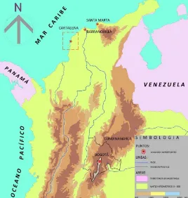 Fig. 1: Mapa de Colombia que muestra la ubicación de Cartagena a la orilla del Atlántico y cercano a Barranquilla y Santa Marta