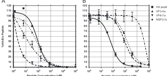 Fig. 2. RV peptides bind HLA-DR1 but not HLA-DR4. Competition binding assays for RV (NSP2-3, VP3-4, and VP6-7) and Flu (HA306-318) peptides were performed
