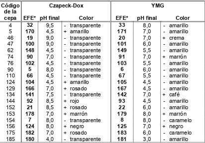 Tabla 5. Características de los extractos fúngicos extracelulares (EFE) producidos en el medio Czapeck-Dox y YMG, durante 8 días, provenientes de las morfoespecies del Suelo 2
