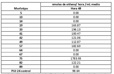 Tabla A: Resultados del ensayo inde medio o in vitro de reducción de acetileno ARA en nmoles de ete etileno por hora por mL 
