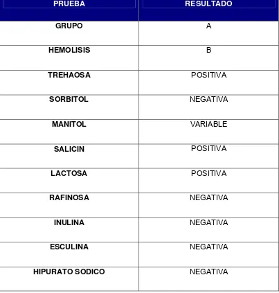 Tabla No 3. Actividad bioquímica de Streptococcus pyogenes 