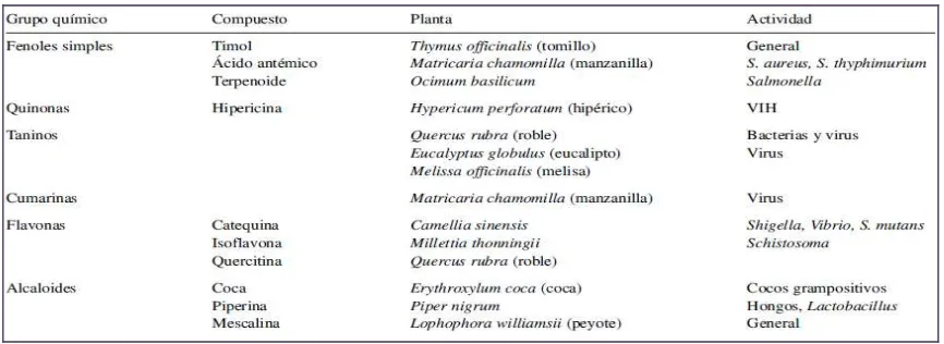 Tabla 1. Grupos quimicos mas importantes con actividad antimicrobiana obtenidos de plantas
