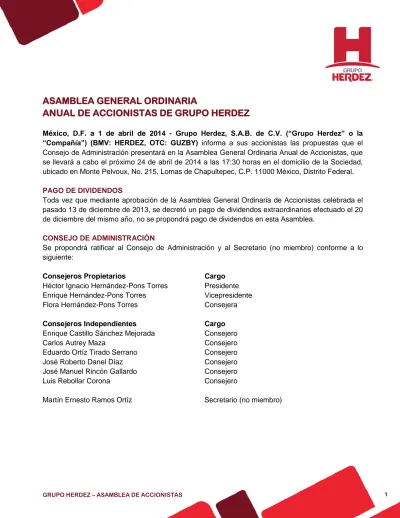 ASAMBLEA GENERAL ORDINARIA ANUAL DE ACCIONISTAS DE GRUPO HERDEZ