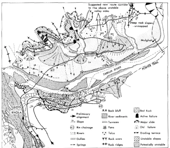 Figura 1 Mapa Geomorfológico de la zona del puente sobre el río Tamur – Nepal  Fuente: (Hansen, 1984) 