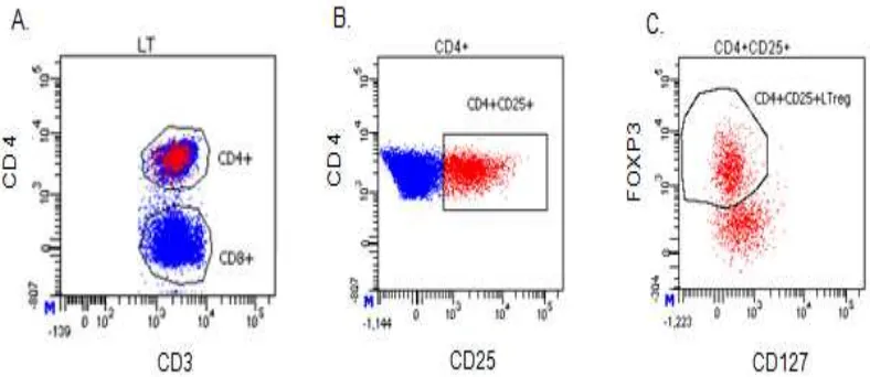 Figura 6 Dispersograma representativo del análisis de células T reguladoras naturales: A) Selección de la población de células T CD4+ B) Selección de Linfocitos T CD4+ con expresión del marcador CD25