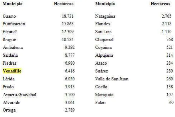 Tabla 4. Área sembrada de Arroz Por Municipios del Tolima. 1999.   