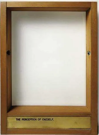 Fig. 3. The Perception of Oneself. [La percepción de sí mismo.], 1977-1980.  Ojos de cristal, grabado en  placa de bronce, vidrio y madera 35 x 25.6 x 5 cm