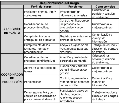 Tabla 2. Requerimientos del cargo 