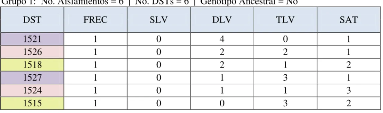 Tabla 6.4: Grupos  generados por  eBURST de aislamientos de C. albicans que comparten al  menos 4 de los 7 genes evaluados (TLV)
