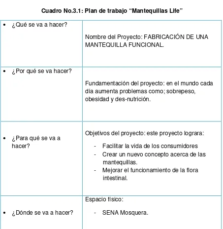 Cuadro No.3.1: Plan de trabajo “Mantequillas Life” 