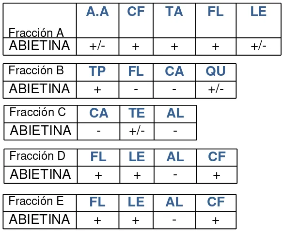 Tabla 3. Resultados de pruebas químicas preliminares realizadas a diferentes extractos de Pentacalia abietina (Willd