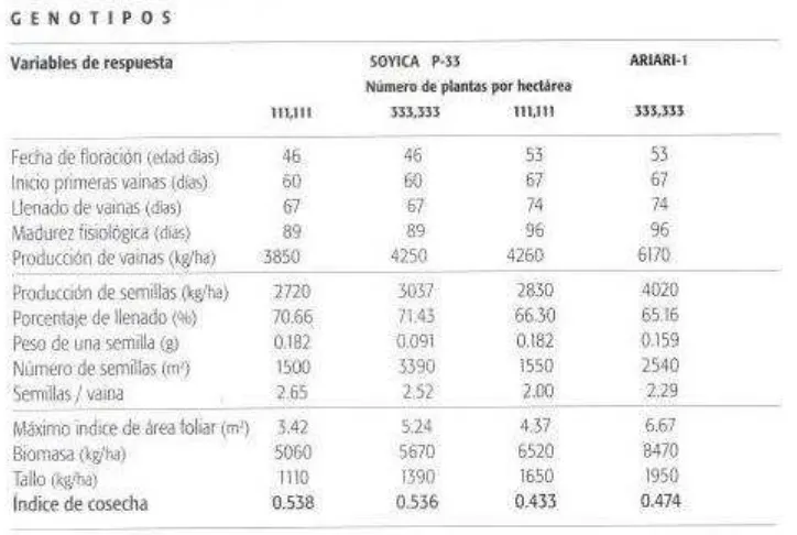 Tabla 1  Valores de las variables de respuesta de los genotipos de soya Soyica P-33 y Ariari -1 obtenidos en el ensayo de campo para evaluación del modelo SOYGRO V5- 42 C.I., Palmira, 1991 
