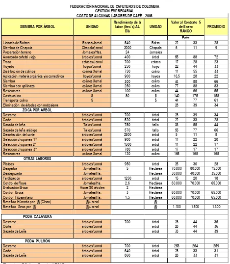 Tabla Nº 2 Costos labores de café, año 2006 