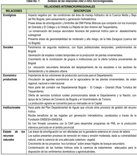 Tabla No. 7.    Síntesis de las relaciones inter e intra microrregionales. 