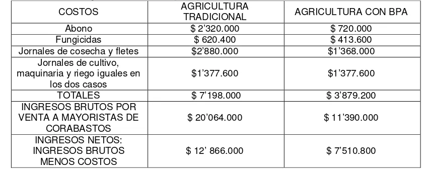 Tabla Nº 3: Cuadro comparativo de costos e ingresos anuales entre agricultura tradicional y agricultura con BPA para productores con lotes de 2.000 Mts2 
