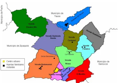 Figura 1.  Mapa de la división política del municipio de Cogua resaltado la ubicación de las diez huertas familiares visitadas