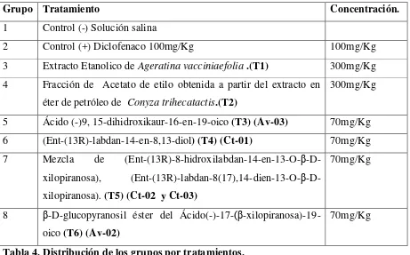 Tabla 4. Distribución de los grupos por tratamientos. 