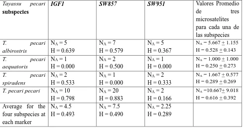 Tabla 4. Diversidad Genetica (NA= Numero de alelos; H= Heterocigosidad Esperada; Valores con Desviaciones estándar) con tres microsatelites porcinos (IGF1, SW857 y SW951) aplicados a la especie pecari de labio blanco representando a las 4 subespecies morfológicas presentes en el sur de America 