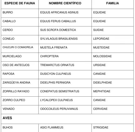 Tabla N° 3. Especies de fauna 