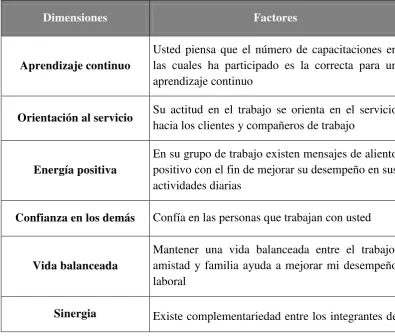 Tabla 1. Dimensiones y factores centrado en principios 