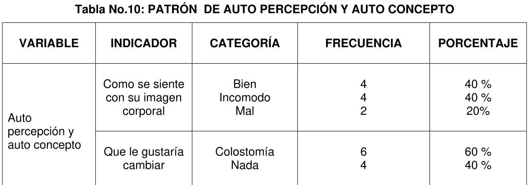 Tabla No.10: PATRÓN  DE AUTO PERCEPCIÓN Y AUTO CONCEPTO 