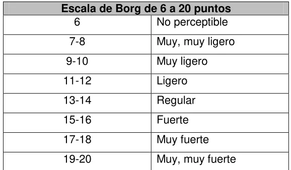 Tabla 1. Escala de Borg para determinar la percepción del esfuerzo físico durante el ejercicio