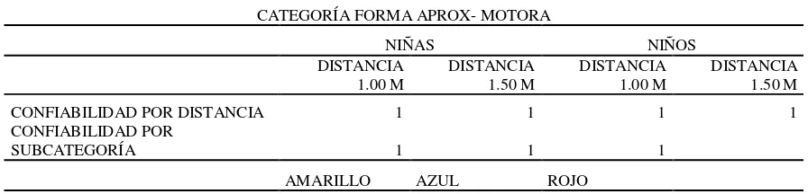 TABLA N°21. Tabla de coeficientes de confiabilidad entre observadores en la tarea de la categoría tamaño variable aproximación motora 