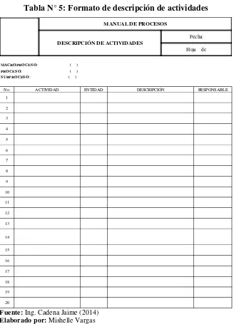 Tabla N° 5: Formato de descripción de actividades 