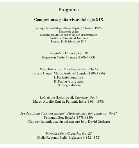 Figura 1. Selección de autores y obras realizada por Juan Miguel Sossa Ropaín para el recital “Compositores-