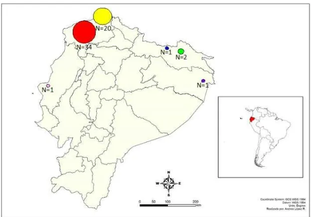 Figura 4. Mapa de distribución de las muestras de P. falciparum utilizadas en el estudio
