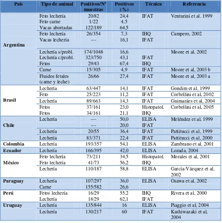 Tabla 1: Prevalencia de anticuerpos en vacas y detección de Neospora caninum en fetos de 