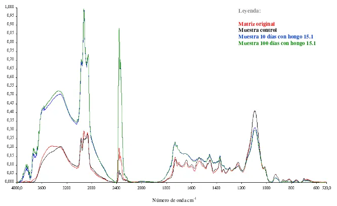 Figura 4: Espectros IR de la matriz original (rojo), muestra control (negro) y muestras de poliuretano sometidas a la especie 15.1 por diez (azul) y cien días (verde) 