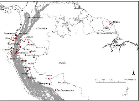 Fig. 1 Locations of the 644 Oenocarpus bataua samples. The circles correspond to localities 