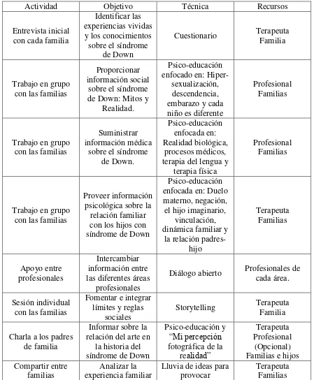 Tabla 4: Actividades para trabajar con las familias con niños con síndrome de Down 