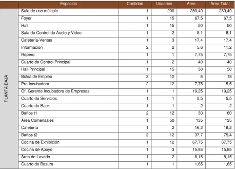 Tabla 1: Cuadro de áreas 