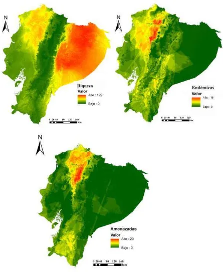 Figura 4.  Regiones con mayor riqueza, endemismo y especies de reptiles amenazados del Ecuador continental 