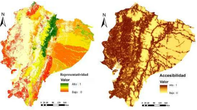 Figura 5. Mapas de representatividad de ecosistemas del Ecuador en el PANE y de accesibilidad a los ecosistemas de Ecuador continental