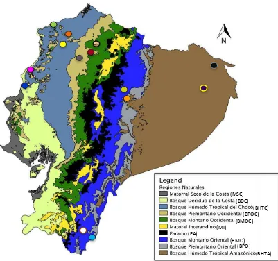 Figura 1.  Mapa de distribución de las localidades y regiones naturales donde se recolectaron muestras de hongos de la familia Ganodermataceae en el Ecuador