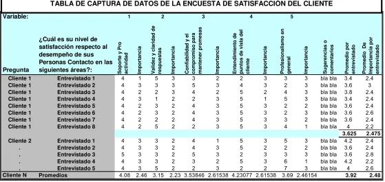 TABLA DE CAPTURA DE DATOS DE LA ENCUESTA DE SATISFACCIÓN DEL CLIENTE