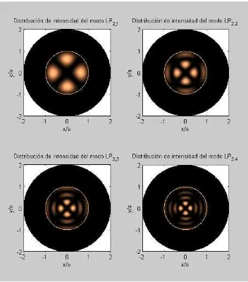 Figura 2.8: Distribuci´on de la intensidad de los modos LP2,1, LP2,2, LP2,3 y LP2,4 enuna ﬁbra ´optica circular de ´ındice abrupto.